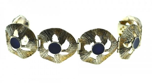 Bratara de argint decorata email albastru regal, design brutalist, vintage